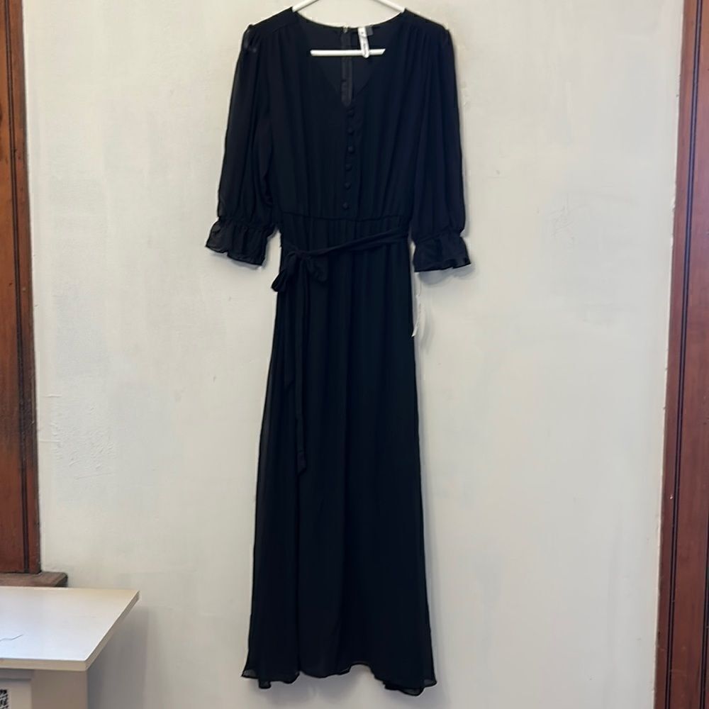 NY Collection black sheer flowy tie waist short sleeve dress Size M New